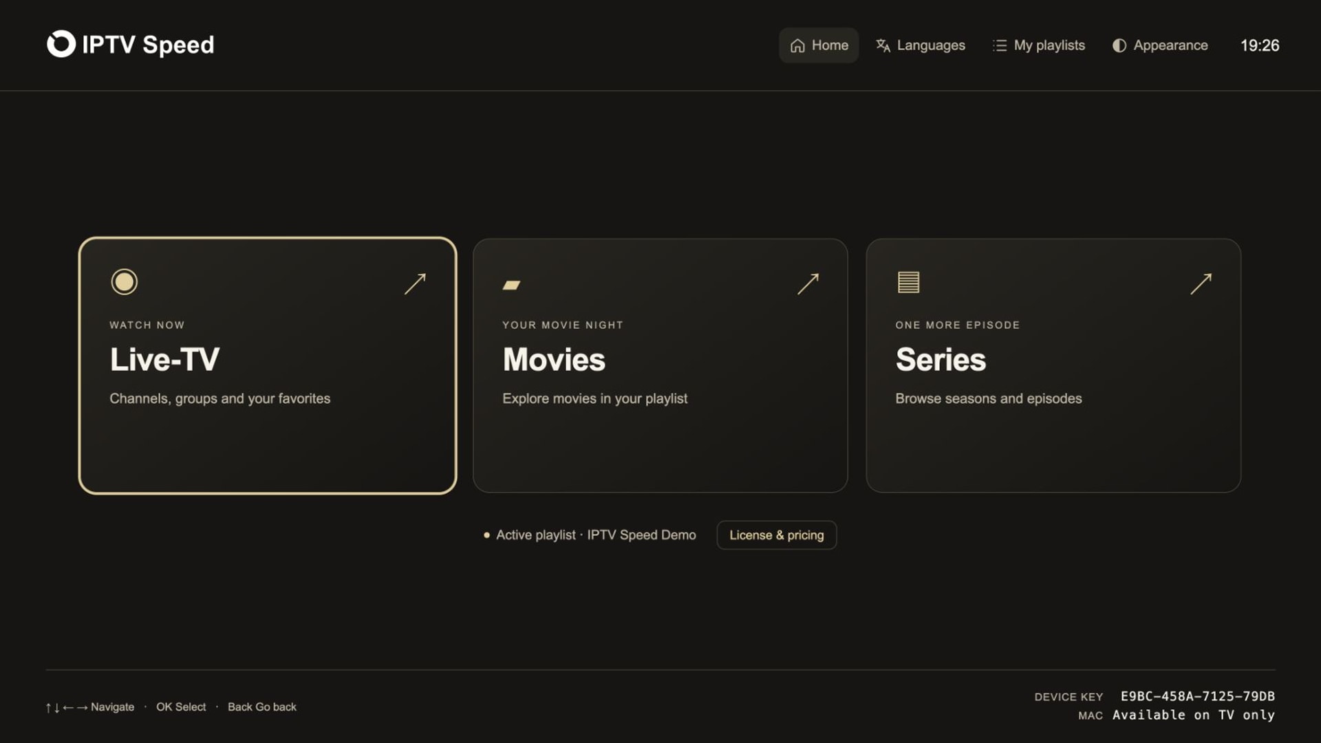 IPTV Speed Startseite mit den Bereichen Live-TV, Filme und Serien